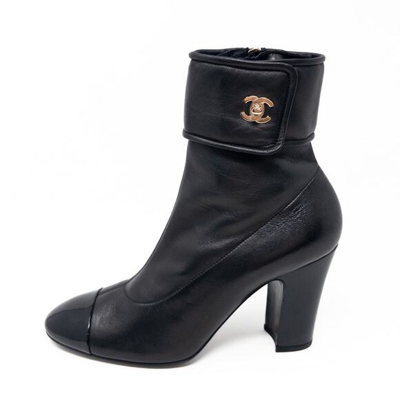 CHANEL Shoes - Chanel 2021 Black Boots Gold CC Turn Lock Size 38 EU Patent Leather Heel 3.5”